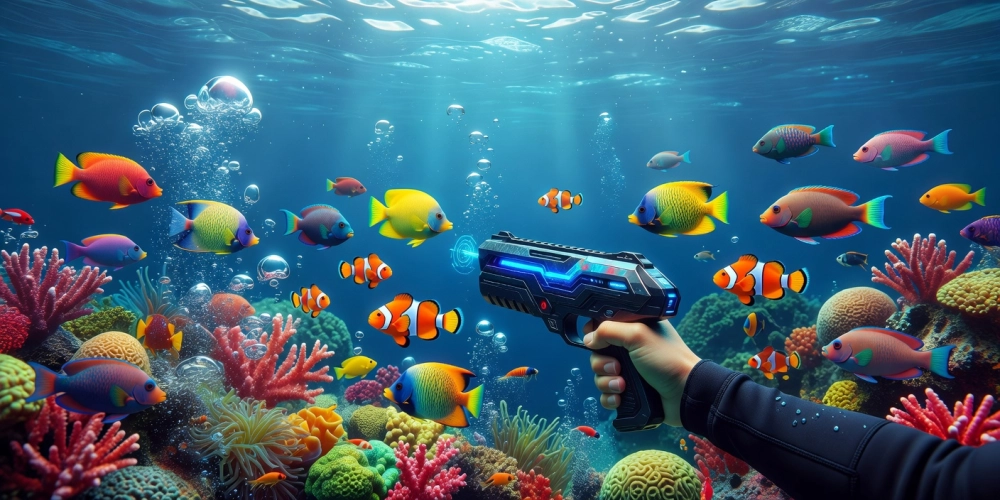 Minh họa giao diện game bắn cá nh88 với hình ảnh cá đa sắc màu và súng bắn
