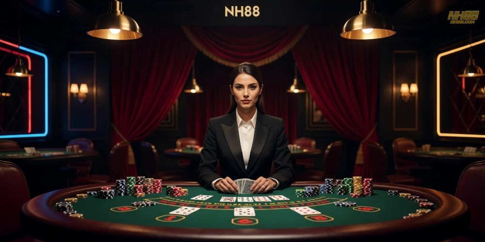 Minh họa bàn chơi baccarat live casino nh88 với dealer chuyên nghiệp và thẻ bài sắc nét