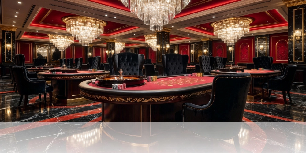 Hình ảnh nội thất sang trọng của Grand Nh88 Palace với bàn chơi bài và máy slot hiện đại