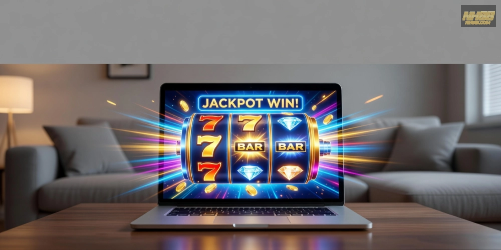 Minh họa khái niệm quay nổ hũ nh88 với hình ảnh slot machine hiện đại và jackpot sáng rực
